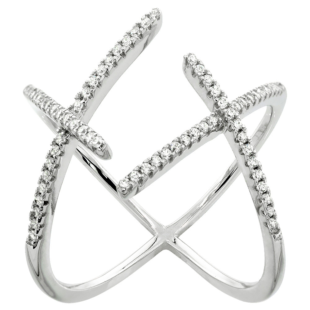 Sterling Silver Cubic Zirconia Double Cross Ring Micro pave 13/16 inch wide, sizes 6 - 9