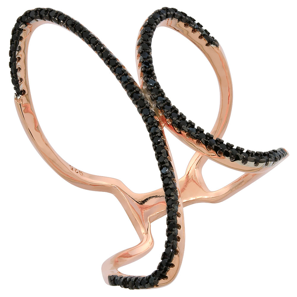 STERLING SILVER BLACK CUBIC ZIRCONIA OPEN FREEFORM RING MICRO PAVE ROSE GOLD FINISH 1 1/4 INCH WIDE, SIZES 6 - 9