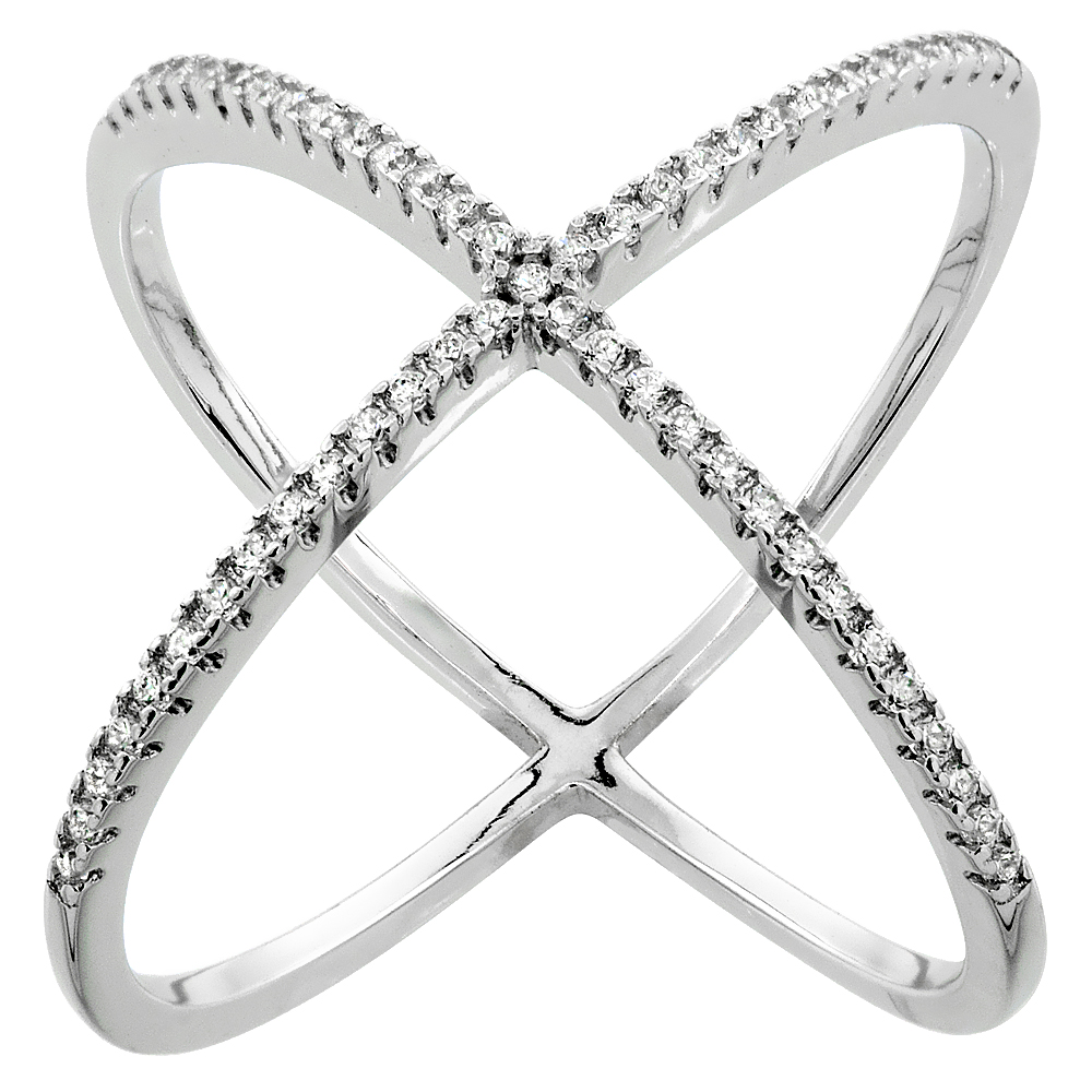 STERLING SILVER CUBIC ZIRCONIA CRISS CROSS RING MICRO PAVE 1 1/4 INCH WIDE, SIZES 6 - 9