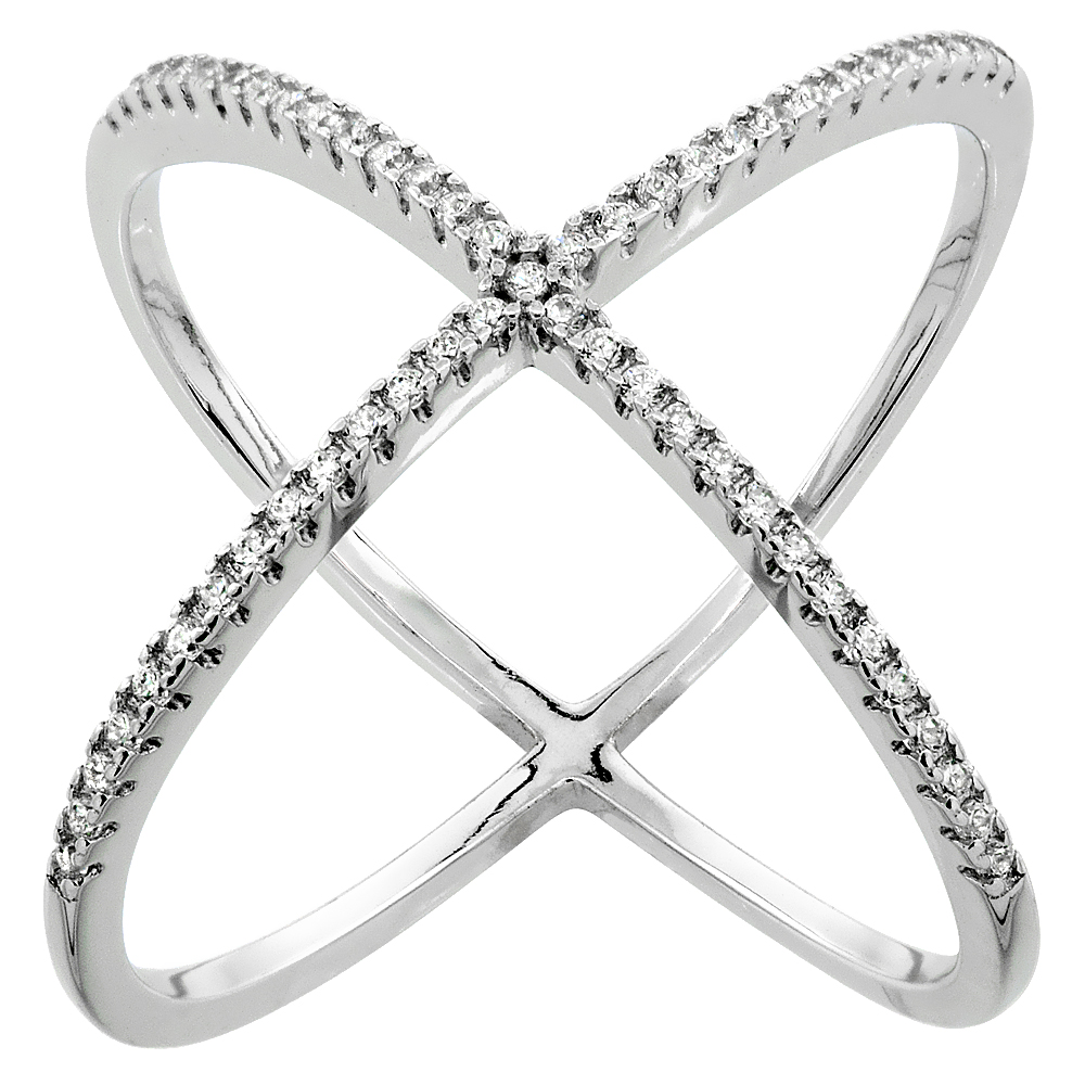 Sterling Silver Cubic Zirconia Criss Cross Ring Micro pave 1 1/4 inch wide, sizes 6 - 9