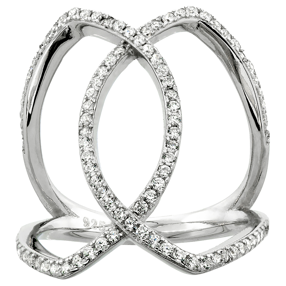 Sterling Silver Cubic Zirconia Criss Cross Ring Micro pave 1 inch wide, sizes 6 - 9