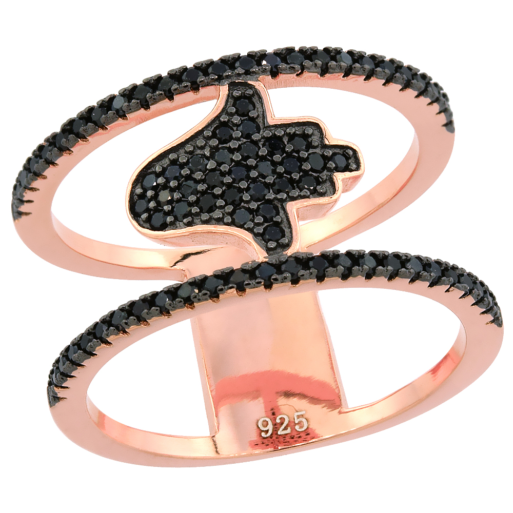 Sterling Silver Black Cubic Zirconia Double Space Hamsa Ring Micro pave 7/16 inch wide, sizes 6 - 9