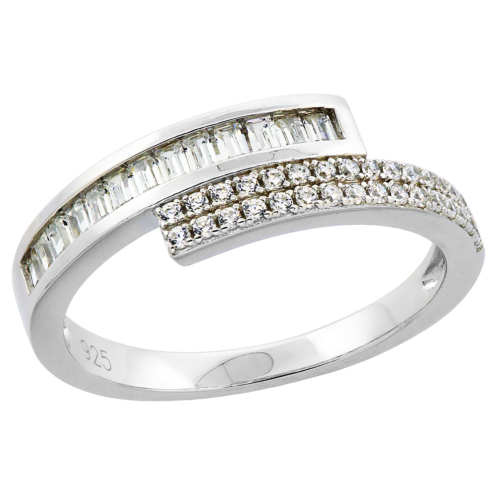 STERLING SILVER CUBIC ZIRCONIA BAGUETTE BYPASS RING MICRO PAVE 1/4 INCH WIDE, SIZES 6 - 9