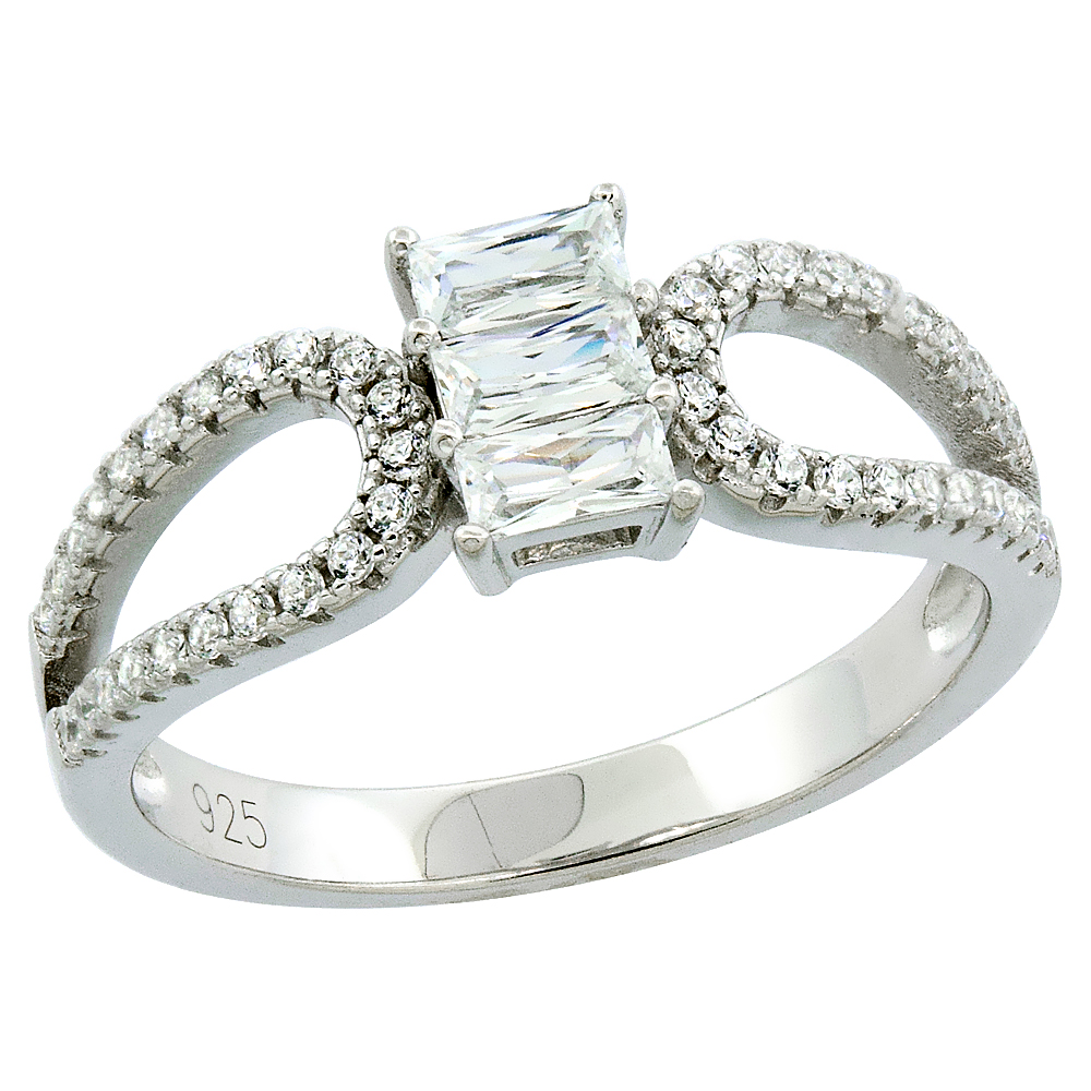 STERLING SILVER CUBIC ZIRCONIA HORIZONTAL BAGUETTE RING MICRO PAVE 9/32 INCH WIDE, SIZES 6 - 9