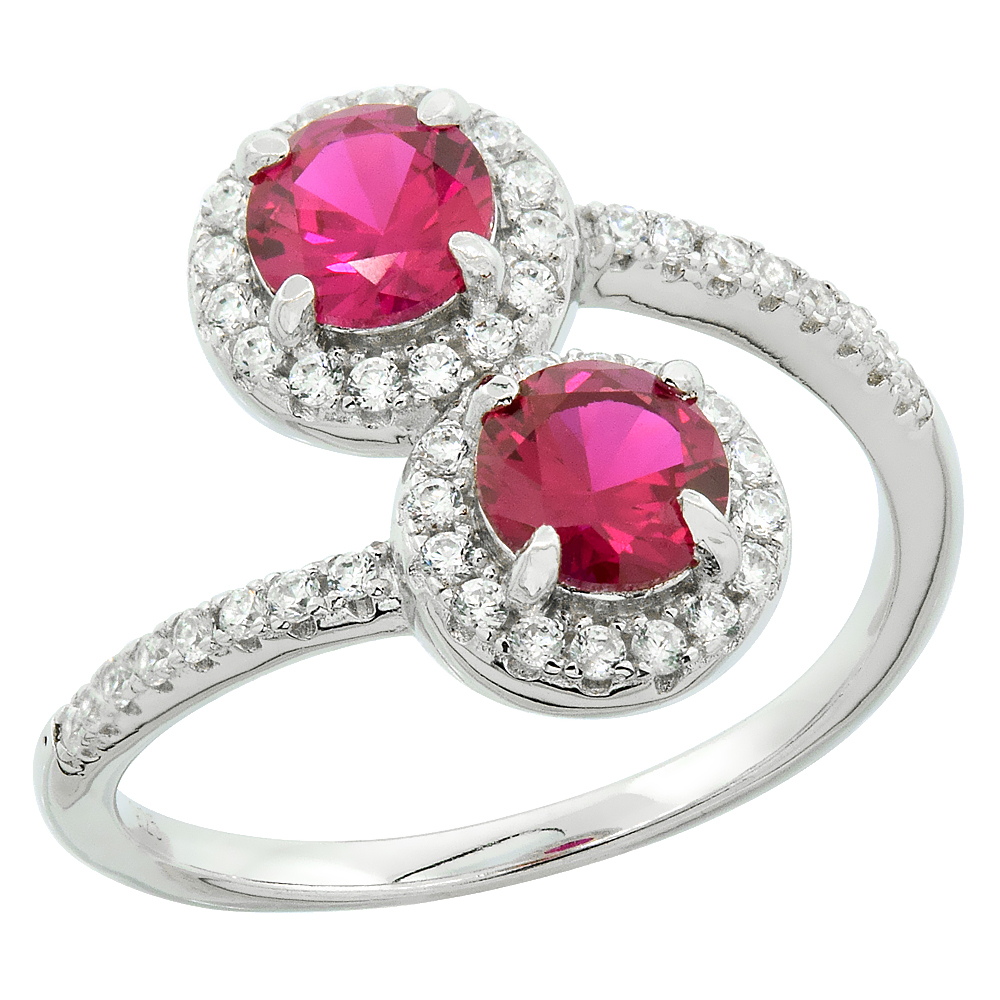 STERLING SILVER CUBIC ZIRCONIA RED ROUND BYPASS RING MICRO PAVE 19/32 INCH WIDE, SIZES 5-9