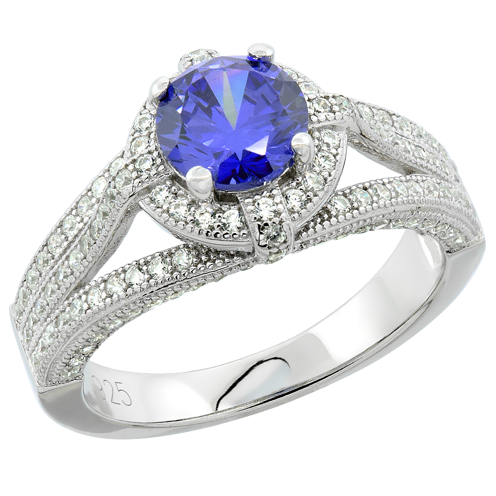 STERLING SILVER CUBIC ZIRCONIA BLUE RING 6 MM ROUND MICRO PAVE 7/16 INCH WIDE, SIZES 6 - 9