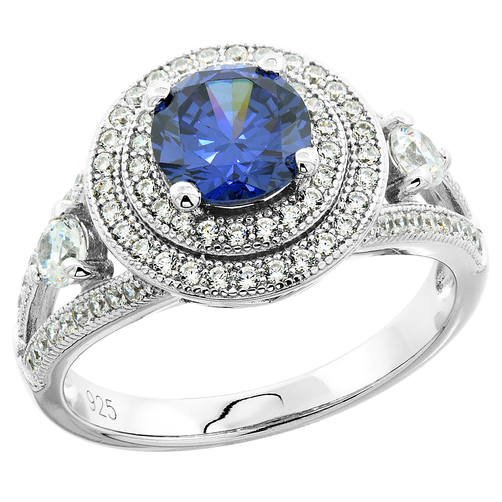 STERLING SILVER CUBIC ZIRCONIA BLUE RING 6X4 MM EMERALD-CUT MICRO PAVE 1/2 INCH WIDE, SIZES 6 - 9