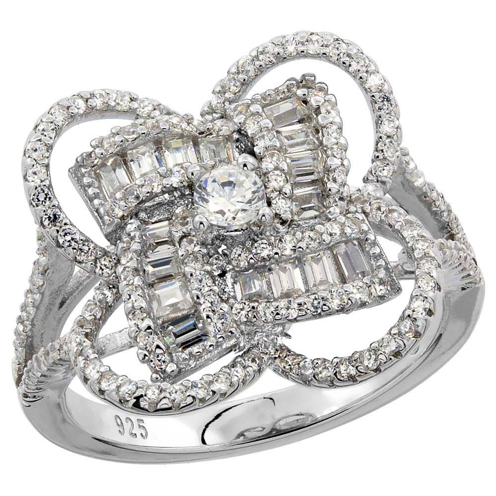 STERLING SILVER BAGUETTE CUBIC ZIRCONIA FLOWER RING MICRO PAVE 5/8 INCH WIDE, SIZES 6 - 9