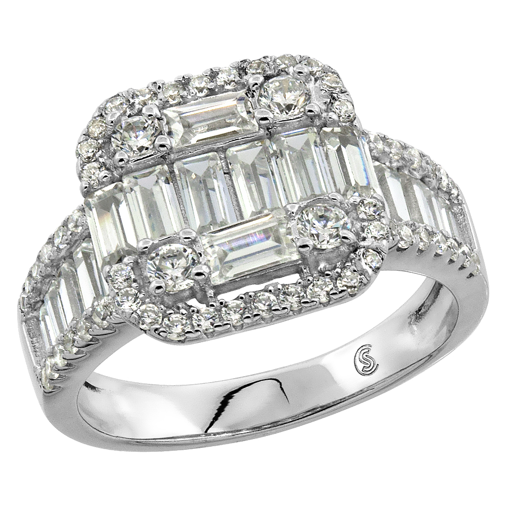 STERLING SILVER BAGUETTE CUBIC ZIRCONIA SQUARE RING MICRO PAVE 1/2 INCH WIDE, SIZES 6 - 9