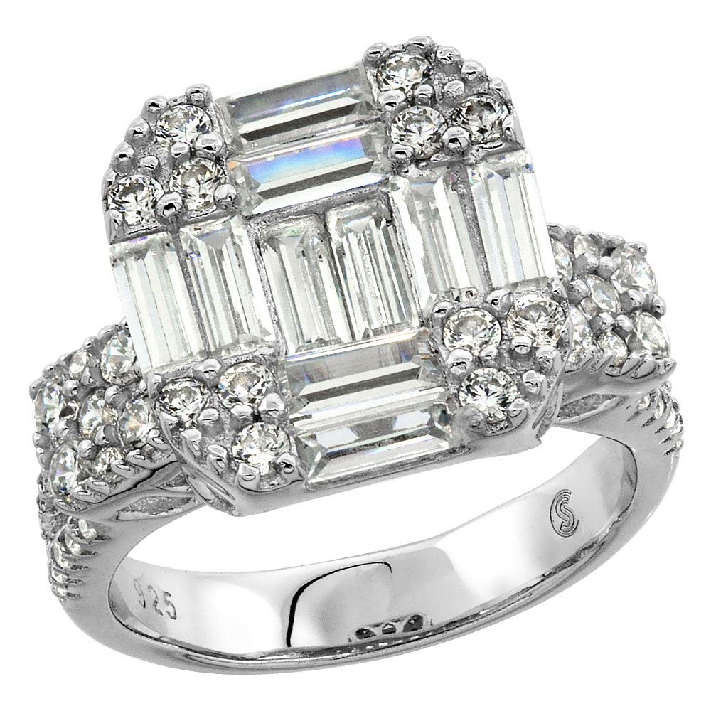 STERLING SILVER BAGUETTE CUBIC ZIRCONIA SQUARE RING MICRO PAVE 9/16 INCH WIDE, SIZES 6 - 9