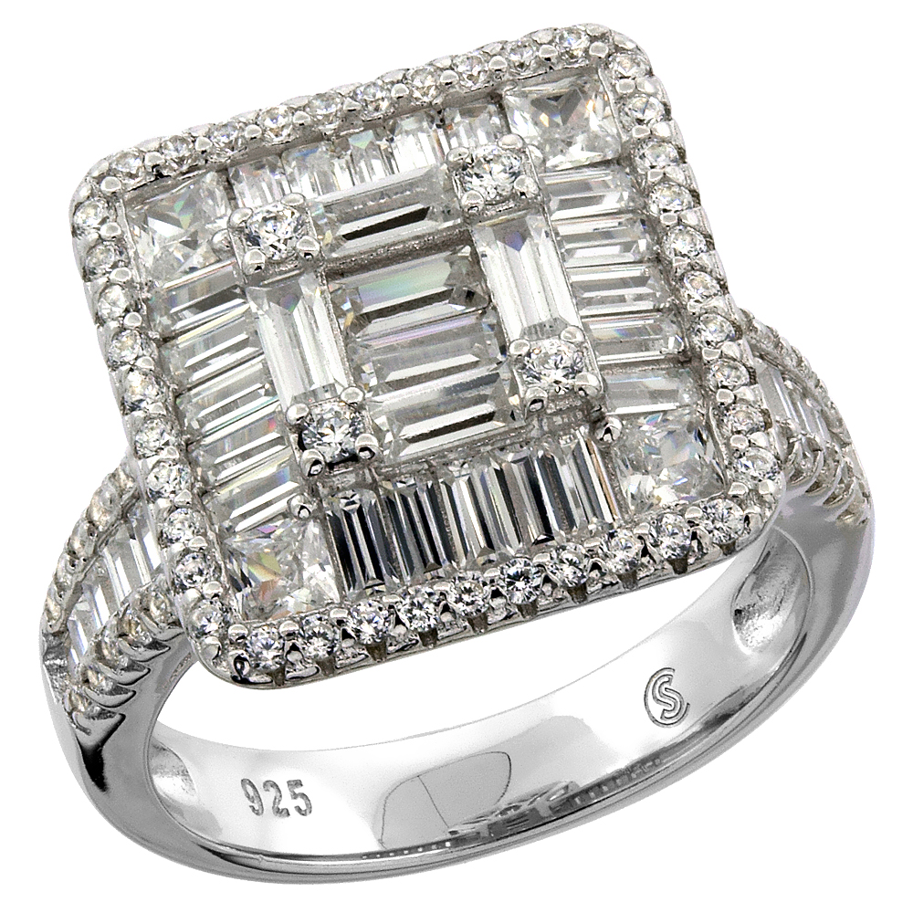 STERLING SILVER BAGUETTE CUBIC ZIRCONIA WIDE RING MICRO PAVE 5/8 INCH WIDE, SIZES 6 - 9
