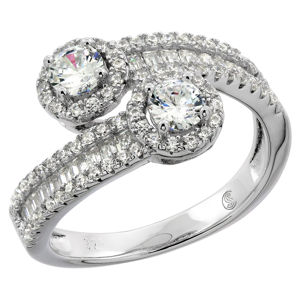 STERLING SILVER BAGUETTE CUBIC ZIRCONIA BYPASS RING MICRO PAVE 7/16 INCH WIDE, SIZES 6 - 9
