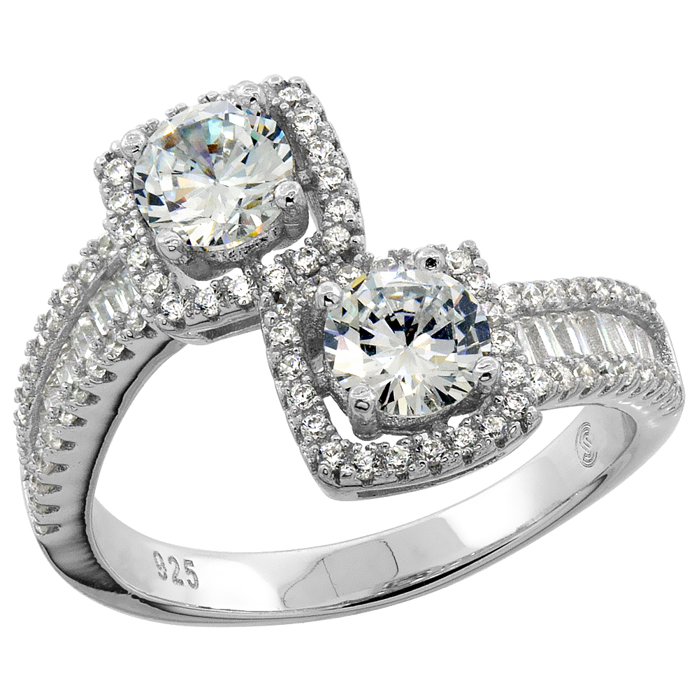 STERLING SILVER BAGUETTE CUBIC ZIRCONIA BYPASS RING MICRO PAVE 9/16 INCH WIDE, SIZES 6 - 9