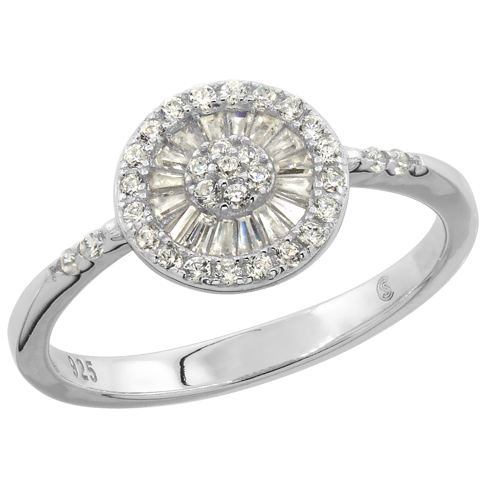 STERLING SILVER BAGUETTE CUBIC ZIRCONIA SPOKED WHEEL RING MICRO PAVE 3/8 INCH WIDE, SIZES 6 - 9