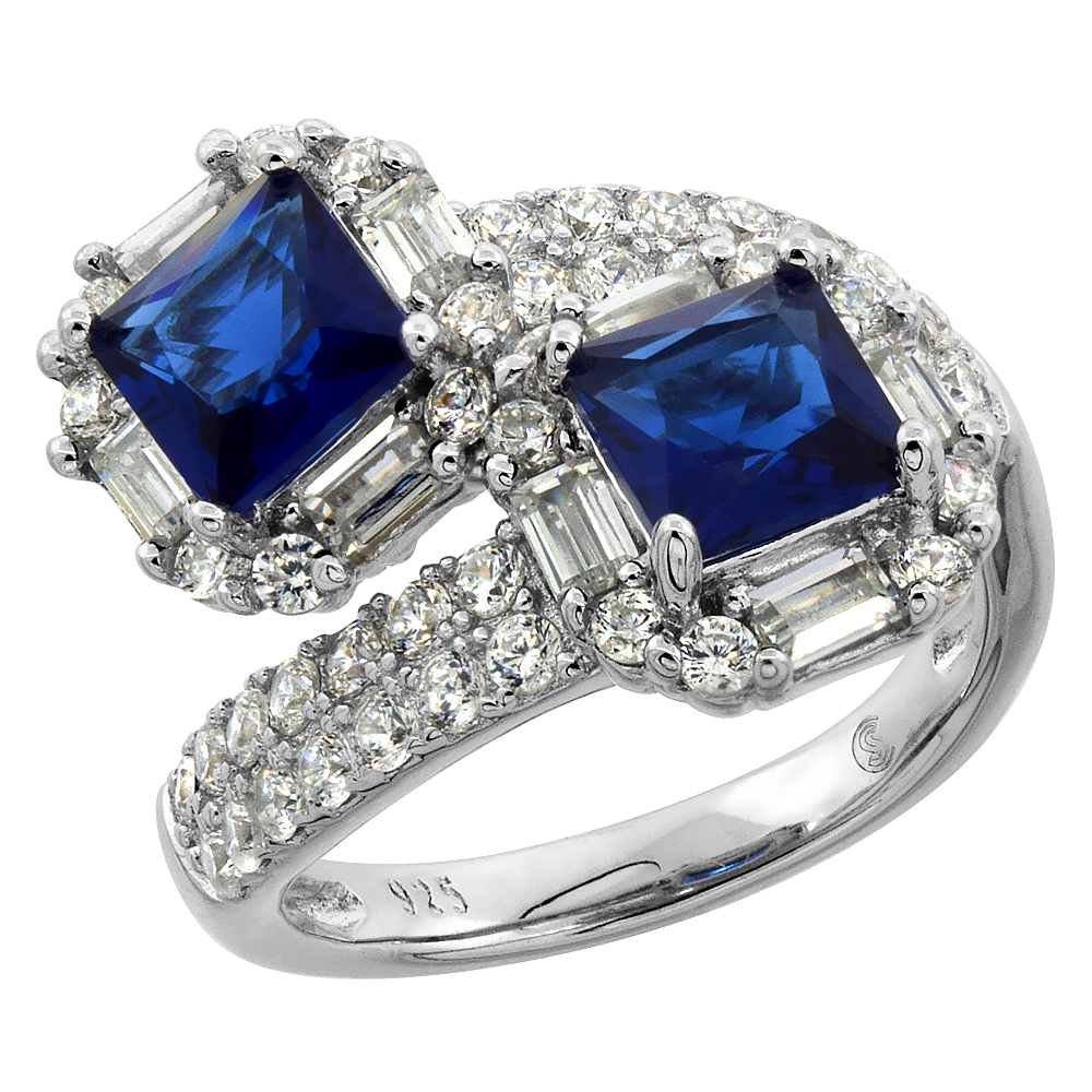 STERLING SILVER CUBIC ZIRCONIA BLUE GLASS BYPASS RING MICRO PAVE 3/4 INCH WIDE, SIZES 6 - 9