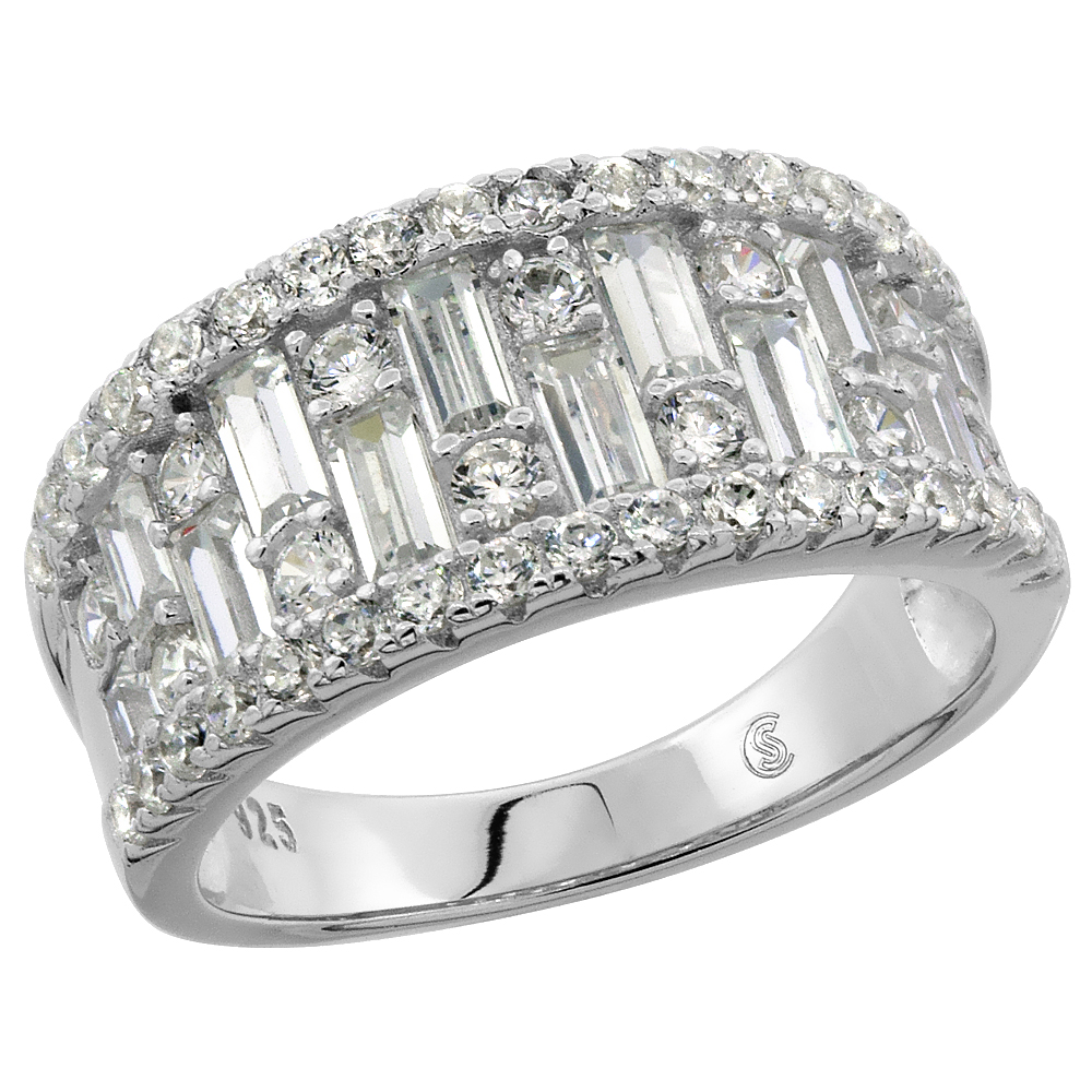 STERLING SILVER BAGUETTE CUBIC ZIRCONIA TAPERED RING MICRO PAVE 3/8 INCH WIDE, SIZES 6 - 9