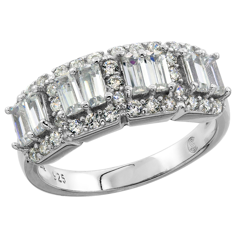 Sterling Silver Baguette and Round Cubic Zirconia Ring Micro pave 5/16 inch wide, sizes 6 - 9