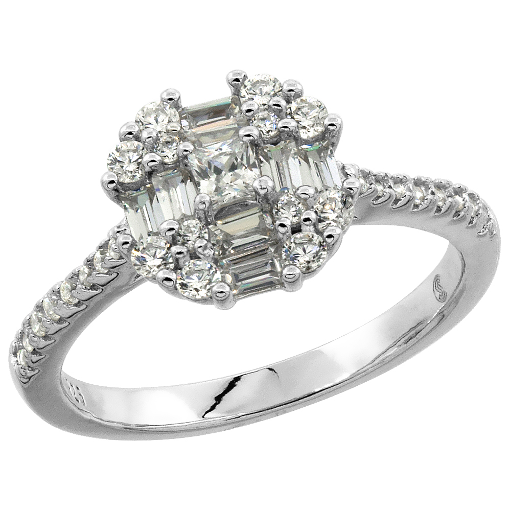 Sterling Silver Baguette and Round Cubic Zirconia Square Ring Micro pave 3/8 inch wide, sizes 6 - 9