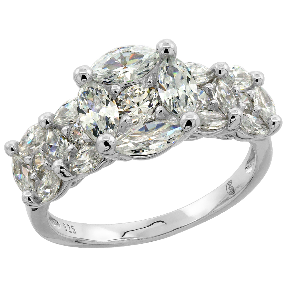 STERLING SILVER CUBIC ZIRCONIA RING FACETED CUT 3/8 INCH WIDE, SIZES 6 - 9