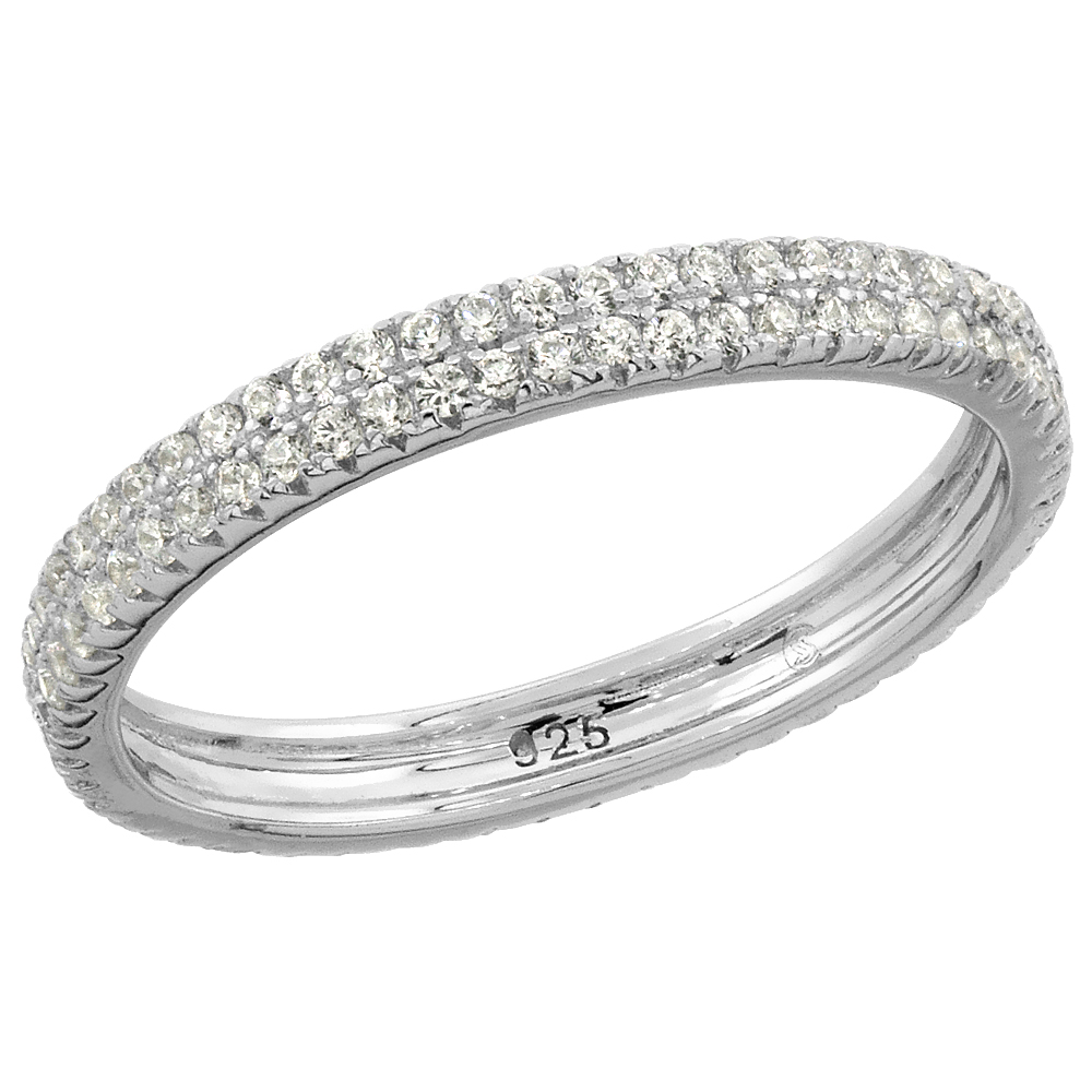 STERLING SILVER CUBIC ZIRCONIA ETERNITY RING MICRO PAVE STACKABLE 1/8 INCH WIDE, SIZES 6 - 9