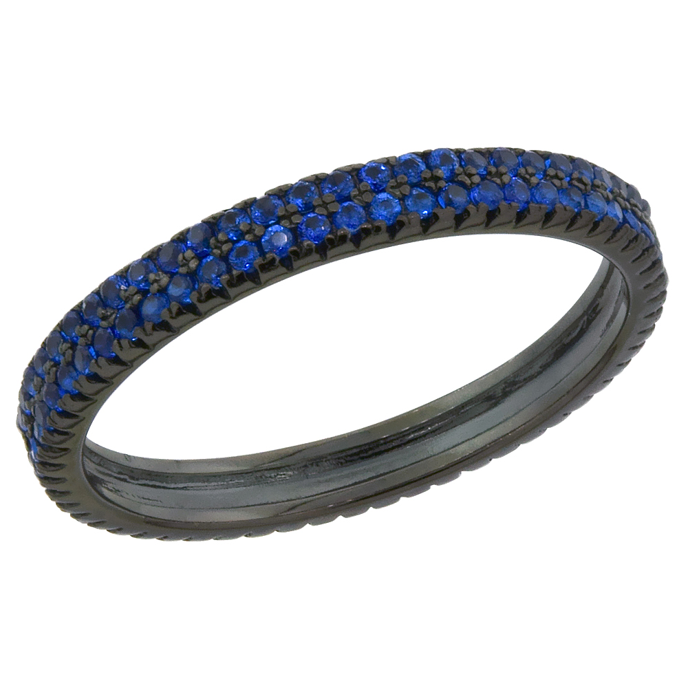 STERLING SILVER CUBIC ZIRCONIA BLUE ETERNITY RING MICRO PAVE STACKABLE 1/8 INCH WIDE, SIZES 6 - 9