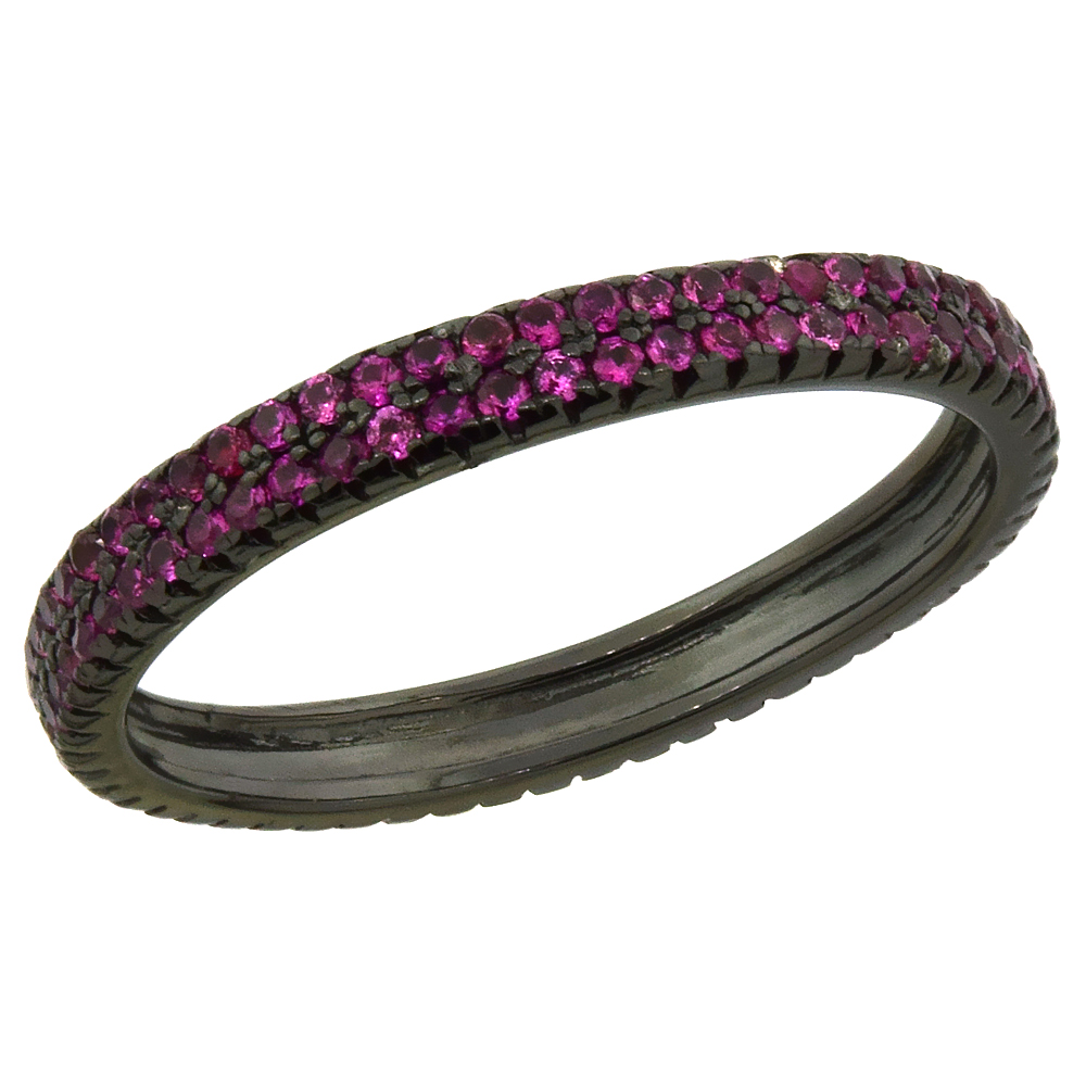 STERLING SILVER CUBIC ZIRCONIA RED ETERNITY RING MICRO PAVE STACKABLE 1/8 INCH WIDE, SIZES 6 - 9