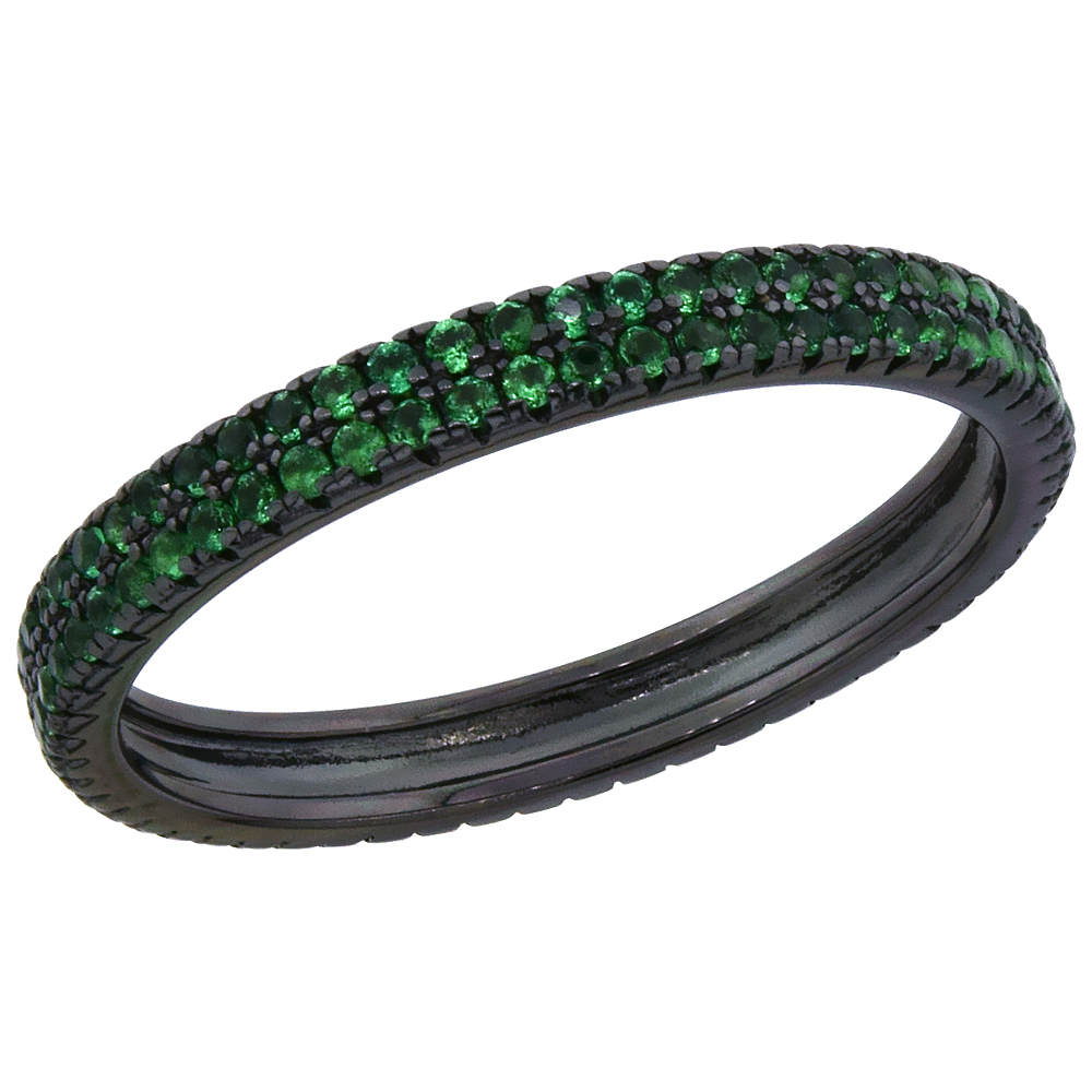 STERLING SILVER CUBIC ZIRCONIA GREEN ETERNITY RING MICRO PAVE STACKABLE 1/8 INCH WIDE, SIZES 6 - 9