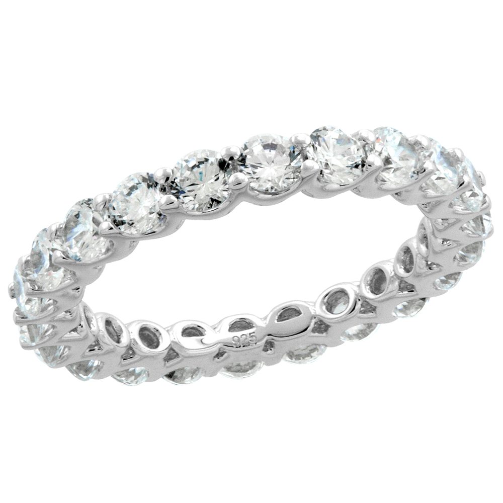 STERLING SILVER 3MM ROUND CZ ETERNITY BAND FOR WOMEN U-PRONG SETTING RHODIUM FINISH 1/8 INCH WIDE SIZE 6-9