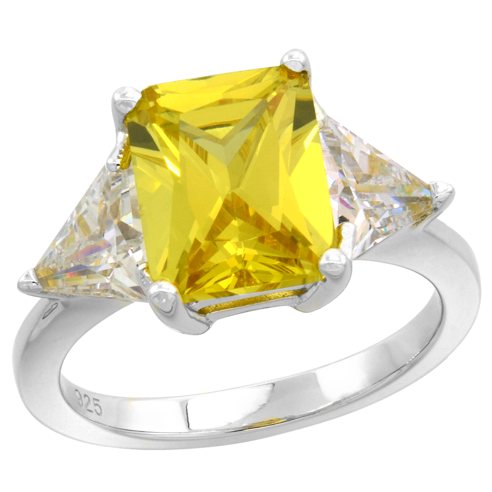 STERLING SILVER RADIANT CUT YELLOW CZ 3-STONE ENGAGEMENT RING FOR WOMEN 10X8MM AND TRIANGLE SIDES 7/16 INCH WIDE SIZE 6-9