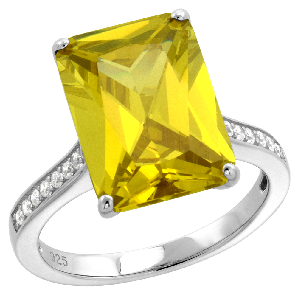 STERLING SILVER RADIANT CUT YELLOW CZ ENGAGEMENT RING FOR WOMEN 14X10MM WITH CHANNEL SET SIDES 9/16 INCH WIDE SIZE 6-9