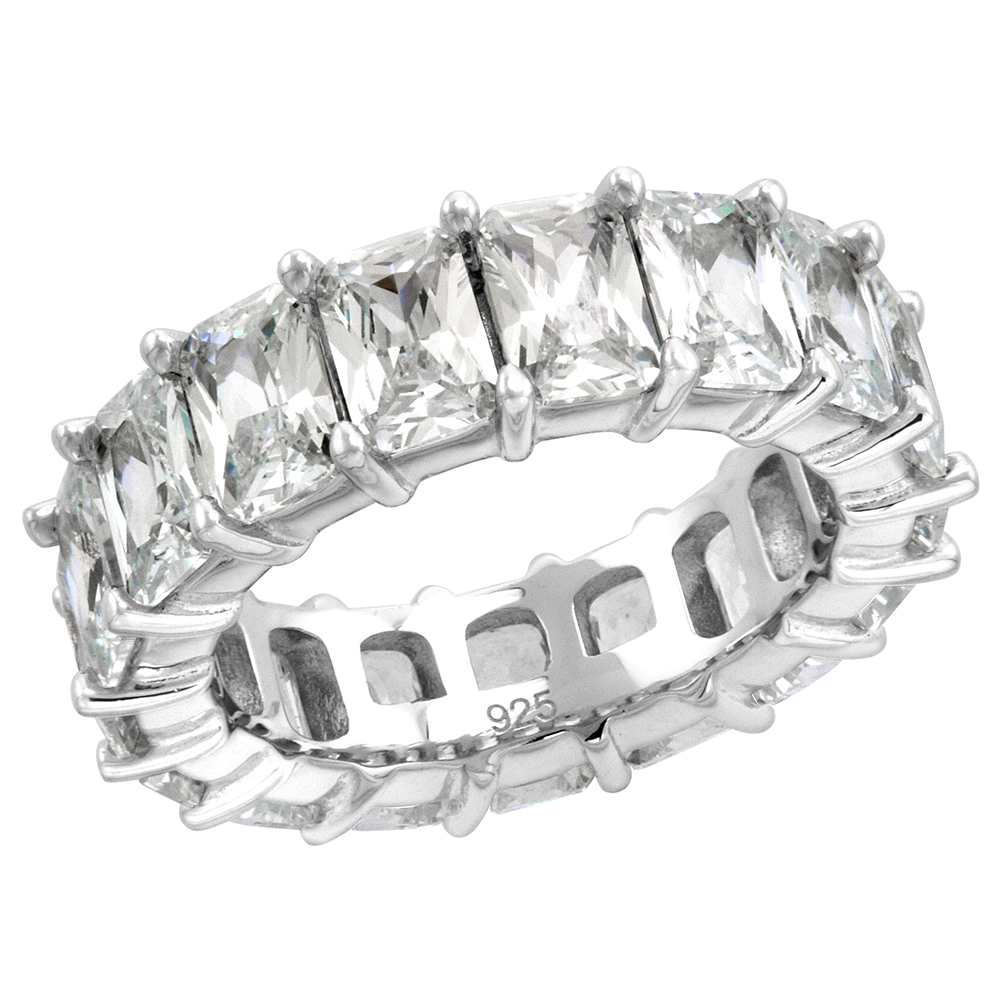 STERLING SILVER 6X4MM RADIANT CUT CZ ETERNITY BAND FOR WOMEN CLAW SETTING RHODIUM FINISH 1/4 INCH WIDE SIZE 6-9