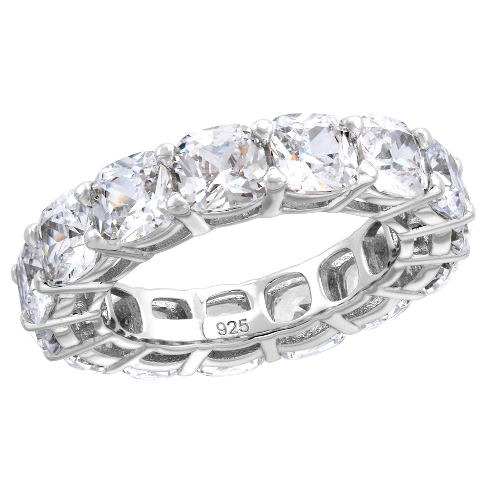 Sterling Silver 5mm Cushion Cut CZ Eternity Band for Women Claw Setting 3/16 inch wide size 6-9