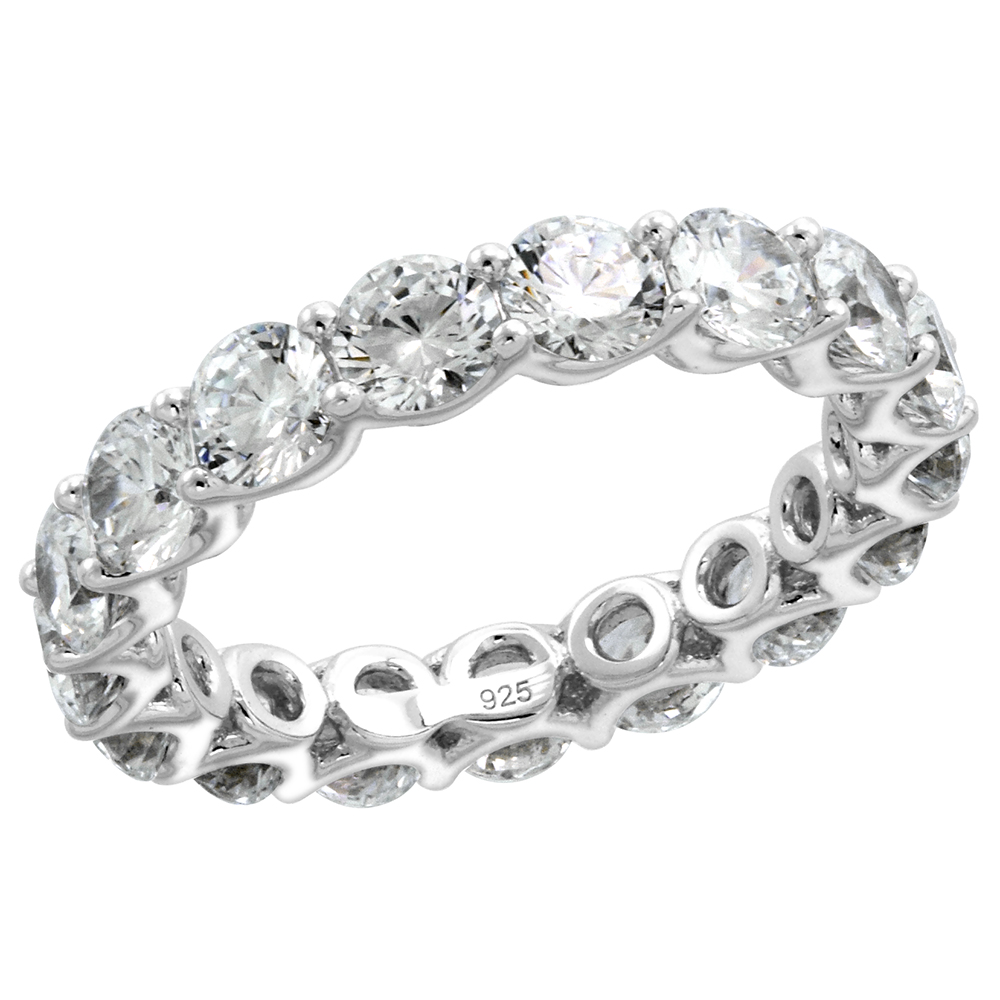 STERLING SILVER 4MM ROUND CZ ETERNITY BAND FOR WOMEN U-PRONG SETTING 3/16 INCH WIDE SIZE 6-9