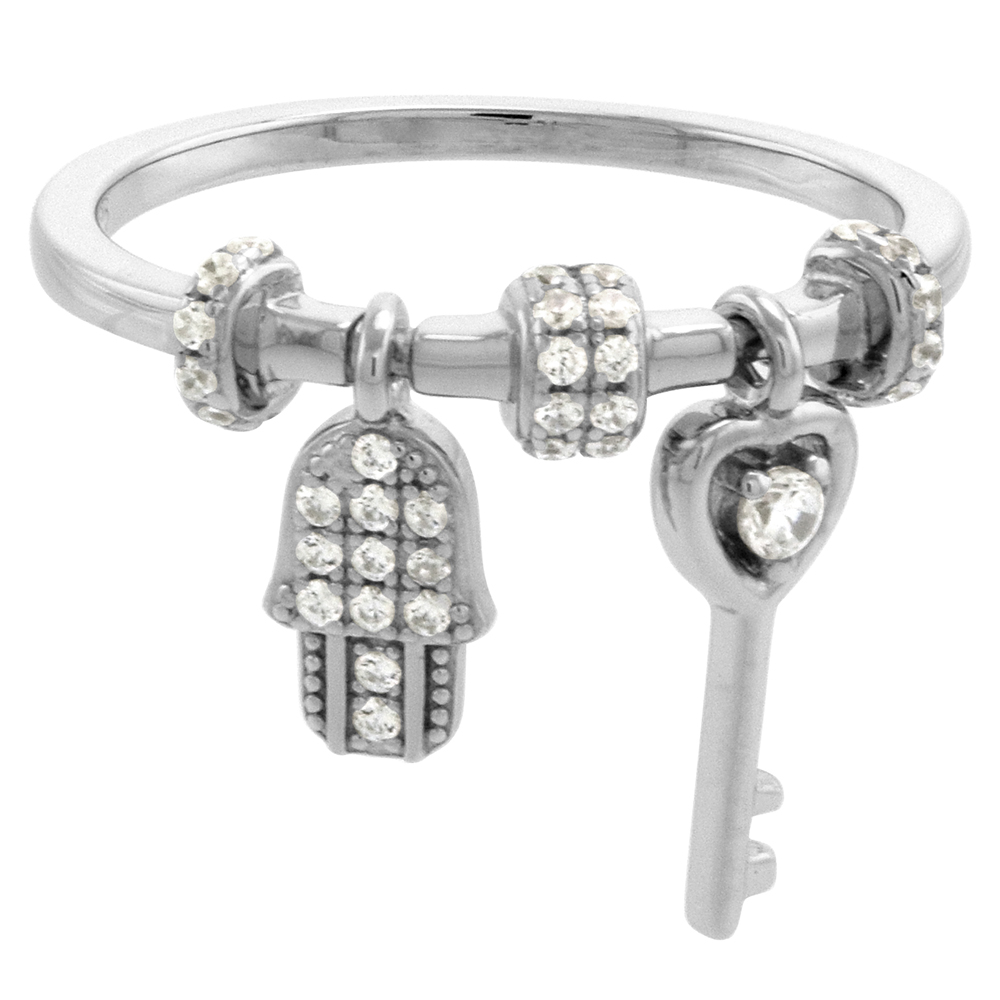 STERLING SILVER CZ DAINTY HAMSA RING FOR WOMEN WITH KEY TO MY HEART CHARM MICROPAVE RHODIUM FINISH SIZE 6-9