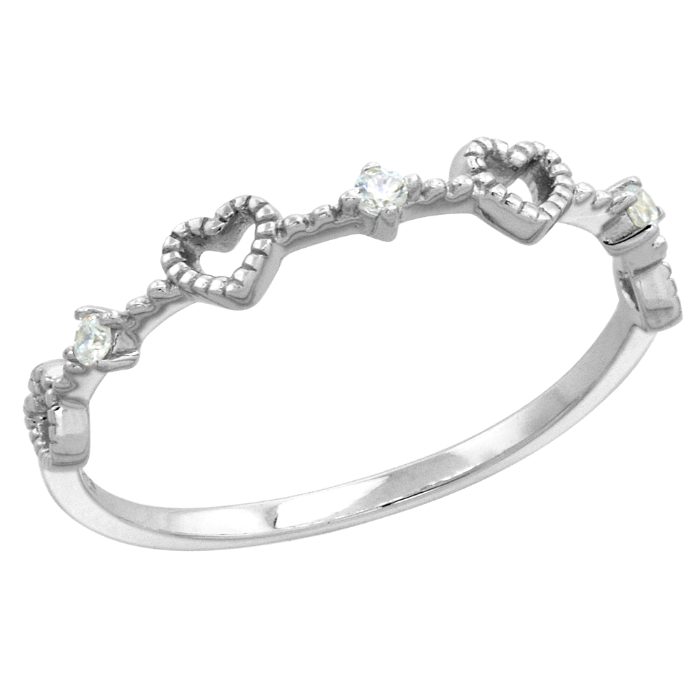 Very Dainty Sterling Silver CZ Heart Ring for Women and Girls Milgrain Rhodium Finish 1/8 inch wide size 6-9