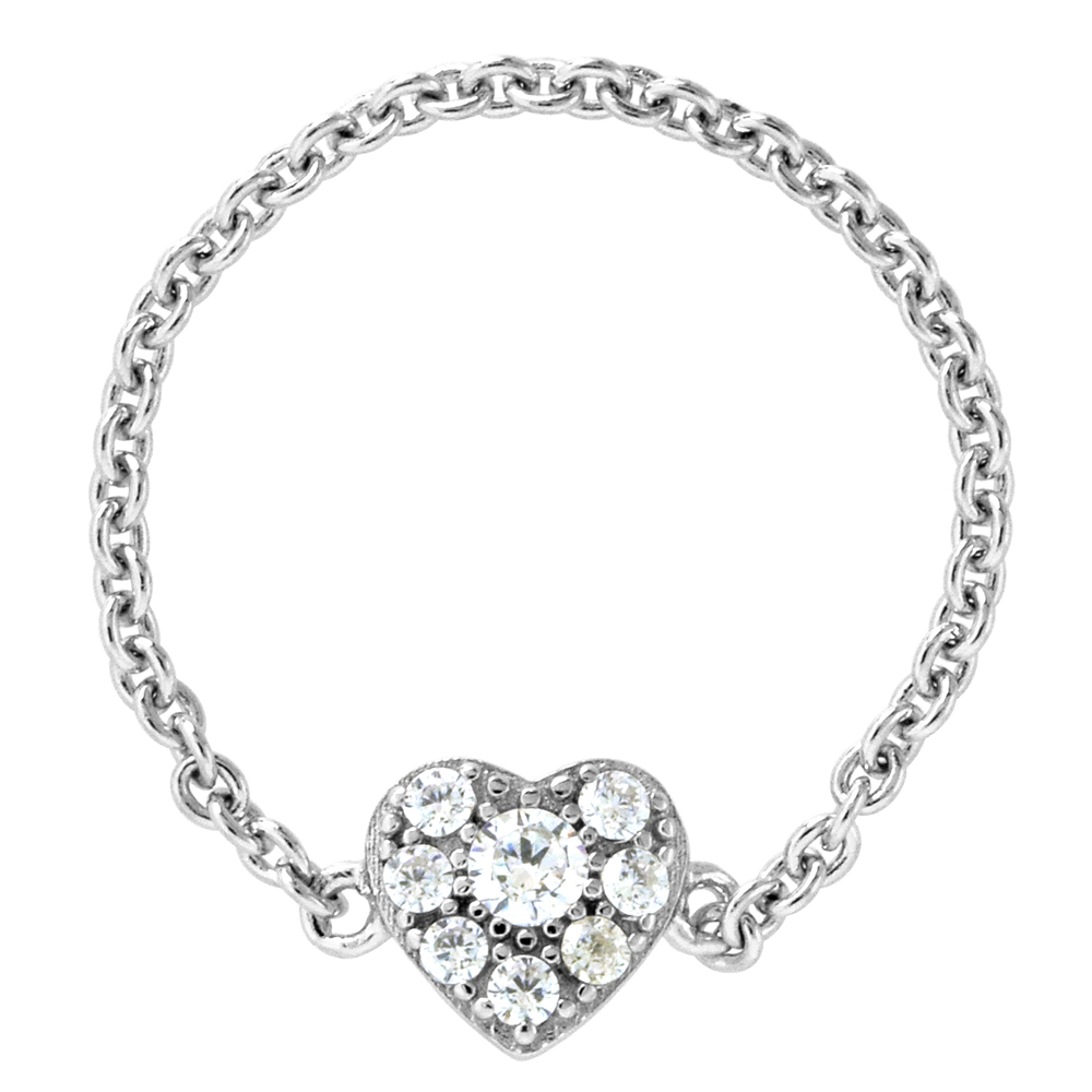 STERLING SILVER MICRO PAVE CZ HEART RING FOR WOMEN & TEENS CABLE CHAIN SHANK RHODIUM FINISH 1/4 INCH SIZE 6-9