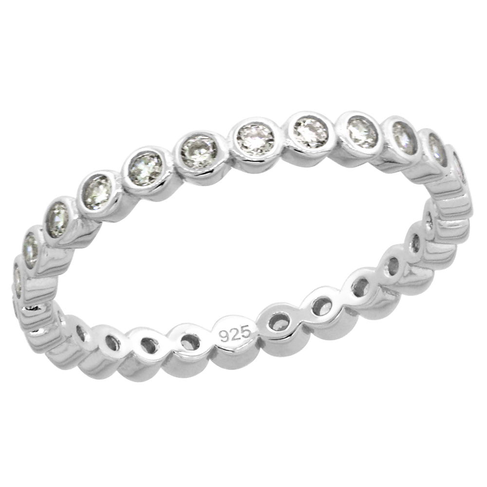 Dainty Sterling Silver 2mm Round CZ Eternity Band for Women Bezel Set Rhodium Finish 3/32 in wide size 6-9