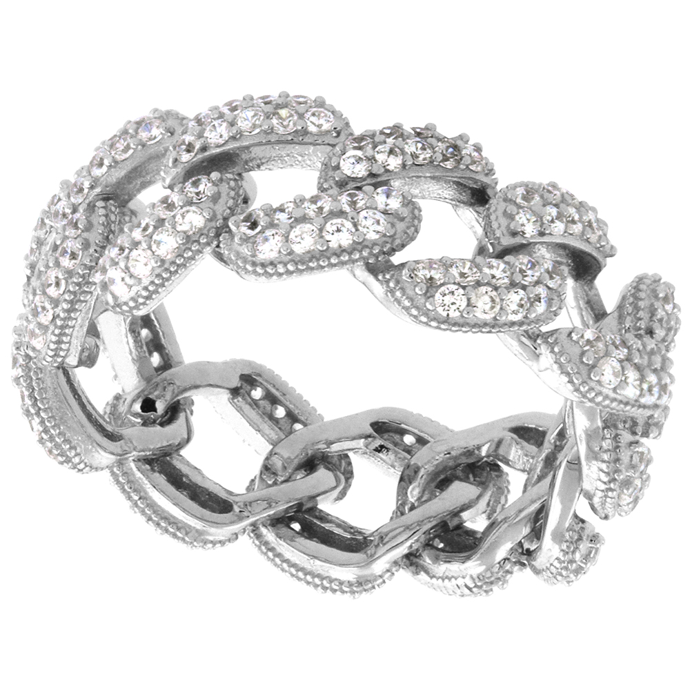 STERLING SILVER CZ LINK CHAIN RING FOR WOMEN MICRO PAVE RHODIUM FINISH 5/16 INCH SIZE 6-9