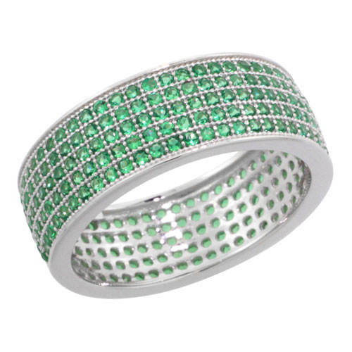 Sterling Silver Cubic Zirconia Micro Pave 5-Row Eternity Band Ring Green Stones, Sizes 6 to 9