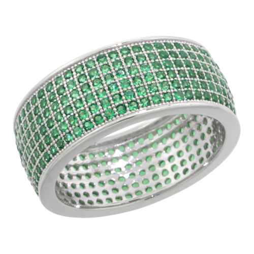 STERLING SILVER CUBIC ZIRCONIA MICRO PAVE 6-ROW ETERNITY BAND RING GREEN STONES, SIZES 6 TO 9