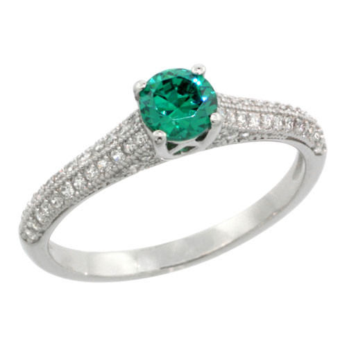 Sterling Silver Cubic Zirconia Micro Pave Round Center Stone Ring White & Green Stones, Sizes 6 to 9