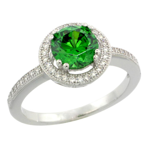 Sterling Silver Cubic Zirconia Micro Pave Round Crown Shape Center Stone Ring White & Green Stones, Sizes 6 to 9