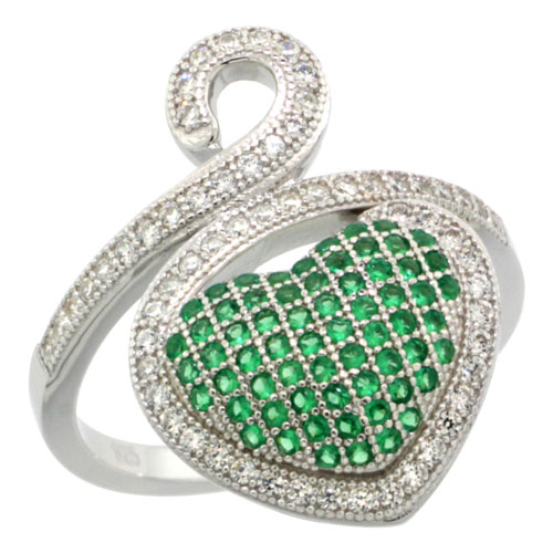 STERLING SILVER CUBIC ZIRCONIA MICRO PAVE SWIRLY HEART RING WHITE & GREEN STONES, SIZES 6 TO 9