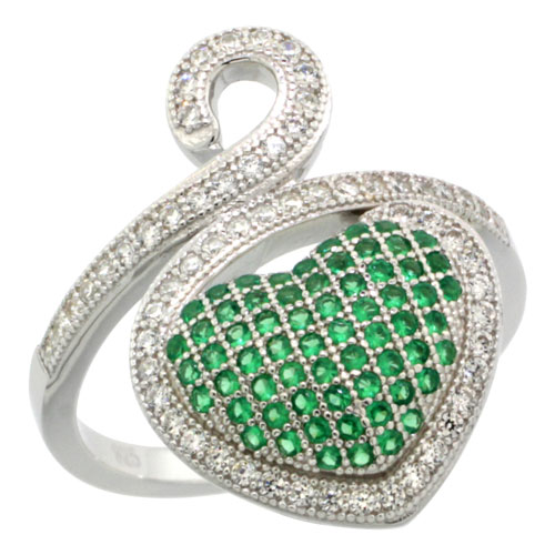 Sterling Silver Cubic Zirconia Micro Pave Swirly Heart Ring White &amp; Green Stones, Sizes 6 to 9
