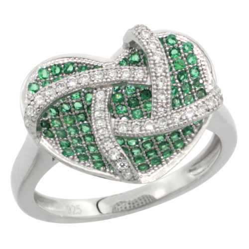 Sterling Silver Micro Pave Cubic Zirconia Heart in a Cage Ring White &amp; Green Stones, Sizes 6 to 9