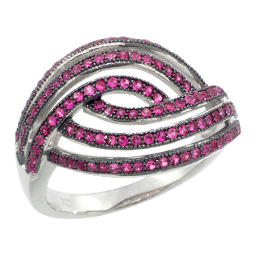 STERLING SILVER CUBIC ZIRCONIA MICRO PAVE BRAIDED STRIPES RING RUBY COLOR STONES, SIZES 6 TO 9