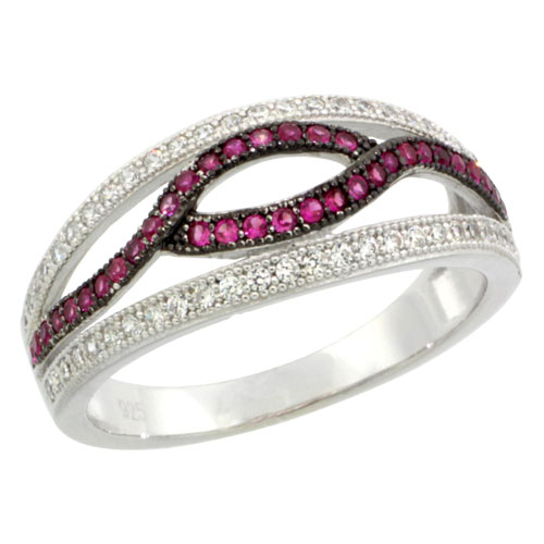 Sterling Silver Cubic Zirconia Micro Pave Eye Shape in Center Band Pink & White Stones, Sizes 6 to 9