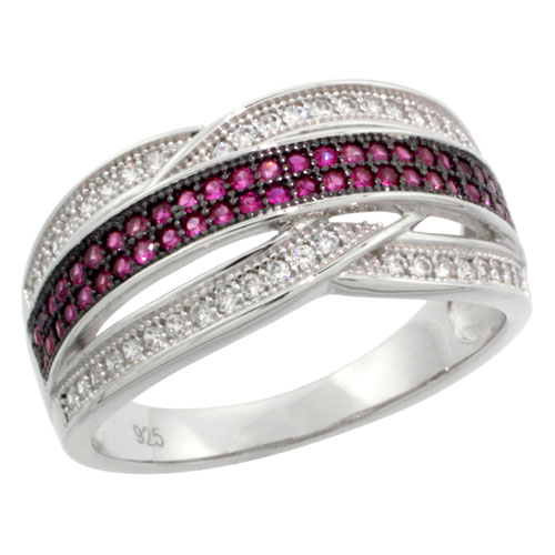 Sterling Silver Cubic Zirconia Micro Pave Criss Cross Bar Band White &amp; Pink Stones, Sizes 6 to 9