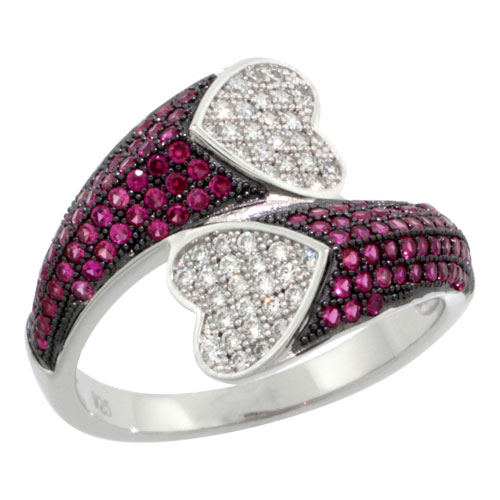 Sterling Silver Cubic Zirconia Micro Pave Heart Shape Water Drop Ring White &amp; Pink Stones, Sizes 6 to 9