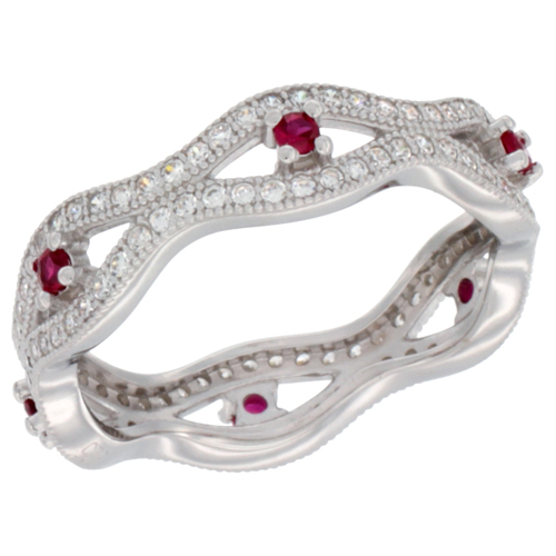 Ladies Sterling Silver Marquise Link Micro Pave CZ Ring Ruby Accents 1/4 inch wide, sizes 6 - 9